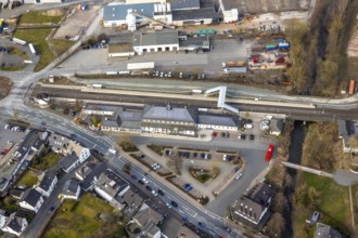 Aerial view, Bestwig station, Bestwig, North Rhine-Westphalia, Germany, railway tracks, railway