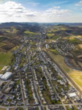 Aerial view, view of Bestwig district Velmede, river Ruhr, meadows and fields, Bestwig, North