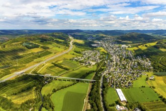 Aerial view, Ruhr valley bridge Velmede, valley bridge Schormecke, river Ruhr, motorway A46, view