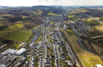 Aerial view, view of Bestwig district Velmede, river Ruhr, meadows and fields, Bestwig, North