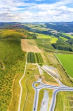 Aerial view, motorway A46, Nuttlar junction B480n, hilly landscape, Bestwig, North