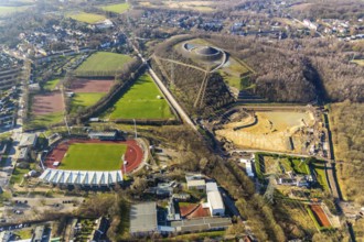 Aerial photograph, Lohrheide stadium, Rheinelbe spoil tip, construction site rainwater retention