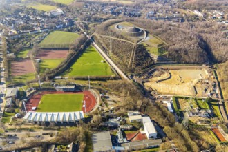 Aerial photograph, Lohrheide stadium, Rheinelbe spoil tip, construction site rainwater retention