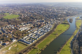 Aerial view, Ruhrauenpark Dahlhausen, new development area, river Ruhr, Dahlhausen, Bochum, Ruhr