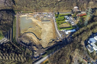 Aerial view, construction site rainwater retention basin Wattenscheider Bach, Hollandstraße,