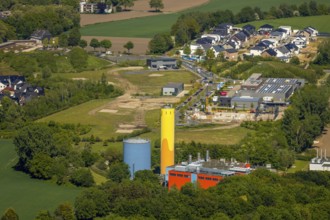 Aerial view, Stadtwerke Bochum colourful buildings, industrial area Steiger-Stein-Straße,