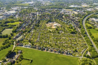 Aerial view, allotment garden association Bochum-Riemke, construction site Urban Green