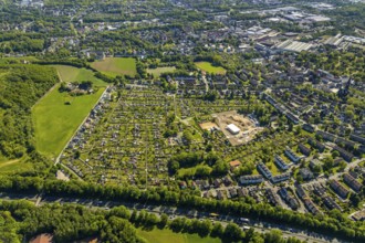 Aerial view, allotment garden association Bochum-Riemke, construction site Urban Green