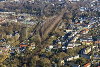 Aerial view, planned cycle path on former railway line, local view Ückendorf, former goods station