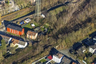 Aerial view, planned cycle path on former railway line, road subway Ückendorfer Straße, Am Bahnhof,