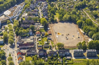 Aerial photo, construction work, sports ground LFC Laer, Havkenscheiderstraße, Bochum, Ruhr area,