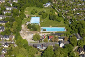 Aerial view, renovation of outdoor swimming pool Bochum-Werne, Bochum, Ruhr area, North
