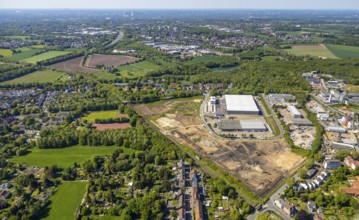 Aerial view, construction site new building BROCK Kehrtechnik GmbH, company headquarters,