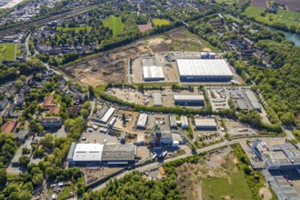 Aerial view, construction site new building BROCK Kehrtechnik GmbH, company headquarters,