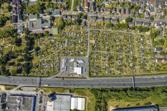 Aerial view, Shell petrol station, Vietingstraße, truck parking, motorway A40, allotment garden