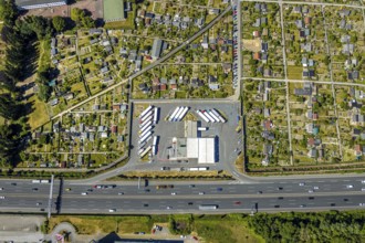 Aerial view, Shell petrol station, Vietingstraße, truck parking, motorway A40, allotment garden