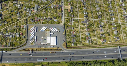 Aerial view, Shell petrol station, Vietingstraße, truck parking, motorway A40, allotment garden