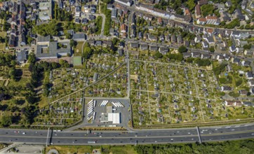Aerial view, Shell petrol station, Vietingstraße, truck parking, motorway A40, allotment garden