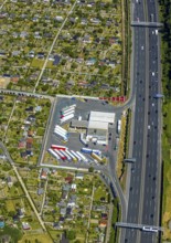 Aerial view, Shell petrol station, Vietingstraße, truck parking, motorway A40, allotment garden