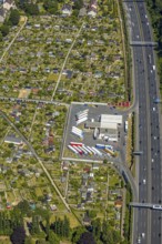 Aerial view, Shell petrol station, Vietingstraße, truck parking, motorway A40, allotment garden