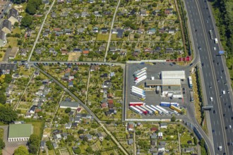 Aerial view, Shell petrol station, Vietingstraße, truck parking, motorway A40, allotment garden