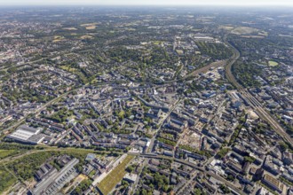 Aerial view, overview Bochum city centre from west to east with central station, Westring,