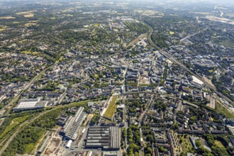 Aerial view, overview Bochum city centre from west to east with central station, Westring,