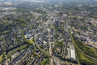 Aerial view, overview Bochum city centre from north to south with central station, mining museum,