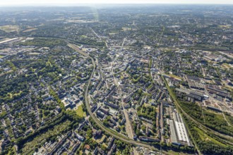 Aerial view, overview Bochum city centre from north to south with central station, mining museum,
