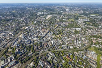 Aerial view, overview Bochum city centre from east to west with central station, Grumme, Bochum,