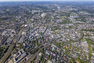 Aerial view, overview Bochum city centre from east to west with central station, Grumme, Bochum,