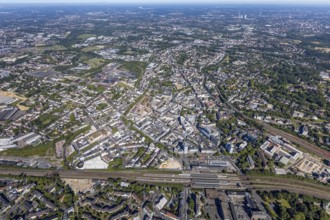 Aerial view, overview Bochum city centre from south to north with central station, south inner