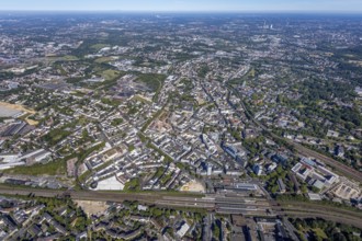 Aerial view, overview Bochum city centre from south to north with central station, south inner