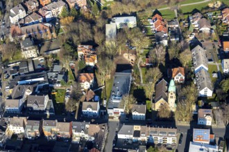 Aerial view, Evang. Christuskirche, new building day-care centre Bethanien, Lothringer Straße,