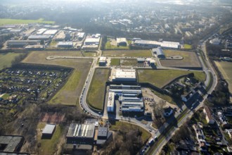 Aerial view, construction site, new building, industrial estate Gewerbepark Gerthe Süd, An der