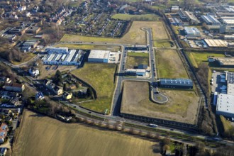 Aerial view, construction site, new building, industrial estate Gewerbepark Gerthe Süd, An der