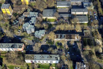 Aerial view, residential area Bochum North, high-rise buildings, Minimarkt shopping centre, Bochum,