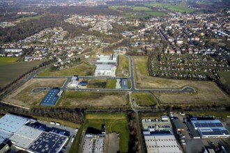 Aerial view, construction site, new building, industrial estate Gewerbepark Gerthe Süd, An der