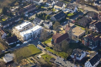 Aerial view, construction site, new residential complex Kattenstraße, for assisted living, Sankt