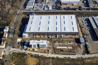 Aerial view, construction site new building BROCK Kehrtechnik GmbH, company headquarters,