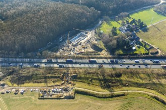 Aerial view, construction site Harpener Bach, Auf dem Sporkel, motorway A40, Bochum, Ruhr area,