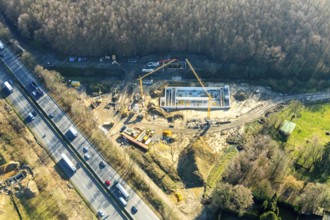 Aerial view, construction site Harpener Bach, Auf dem Sporkel, motorway A40, Bochum, Ruhr area,