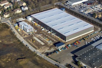 Aerial view, construction site new building BROCK Kehrtechnik GmbH, company headquarters,