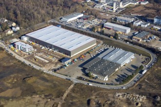 Aerial view, construction site new building BROCK Kehrtechnik GmbH, company headquarters,