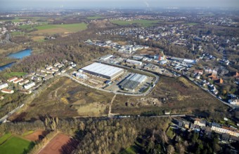 Aerial view, construction site new building BROCK Kehrtechnik GmbH, company headquarters,