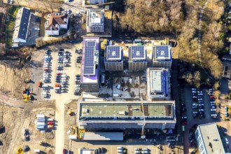 Aerial view, construction site and new building, residential area Seven Stones, Universitätsstraße,