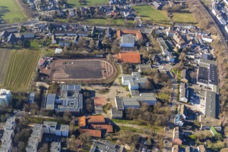 Aerial view, sports centre Westenfeld, construction site sports field, primary school Westenfeld,
