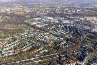Aerial view, overview Bochum North, industrial area, liquid settlement, construction area