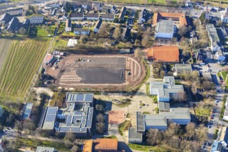 Aerial view, sports centre Westenfeld, construction site sports field, primary school Westenfeld,