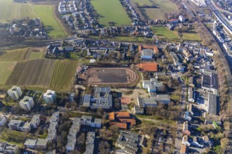 Aerial view, sports centre Westenfeld, construction site sports field, primary school Westenfeld,